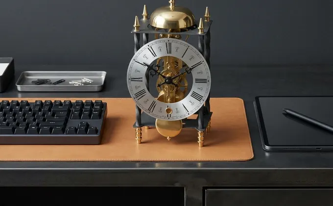 Un réveil digital compact à cristaux liquides posé sur un sous-main en cuir marron.