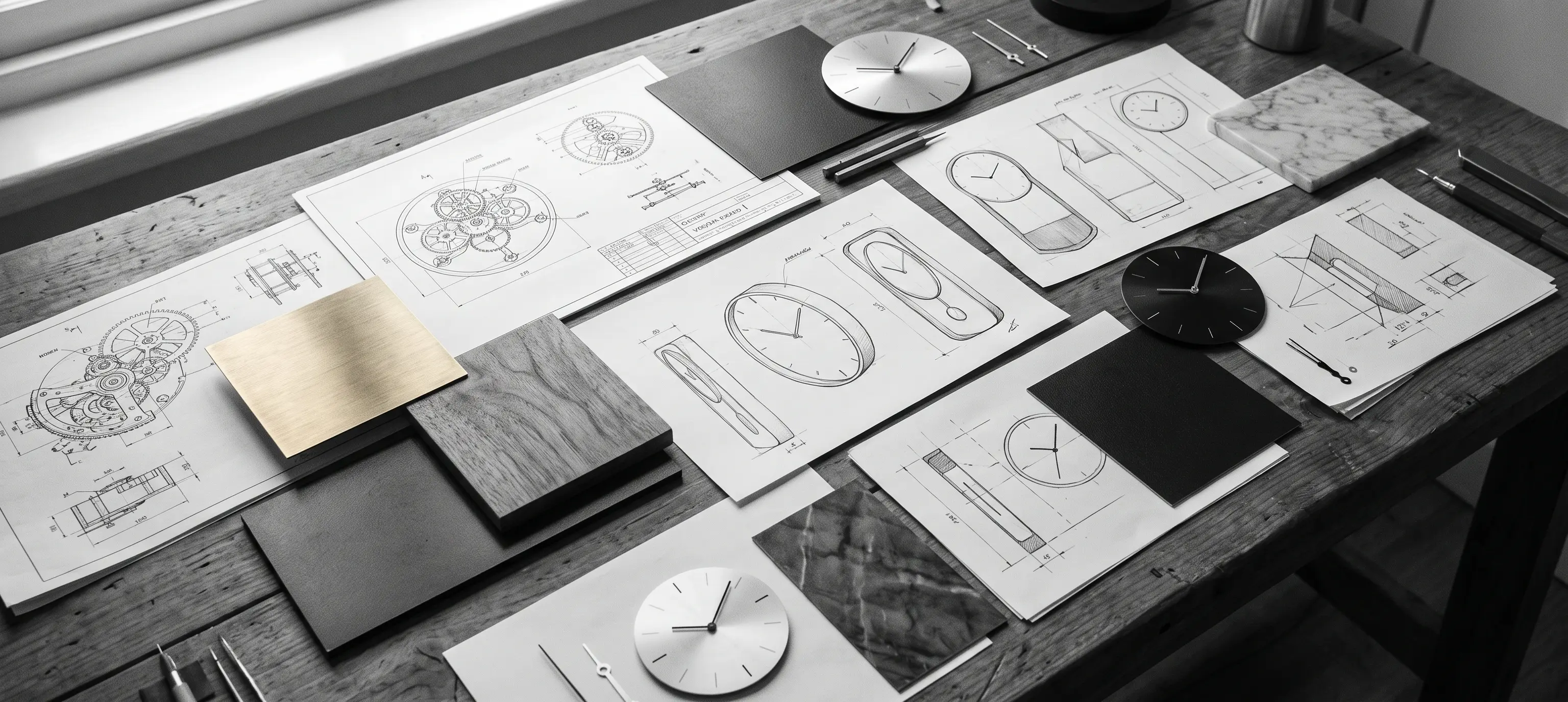 Portrait d'atelier en noir et blanc, table de travail, plans, échantillons de matières et cadrans, format 1312 × 600