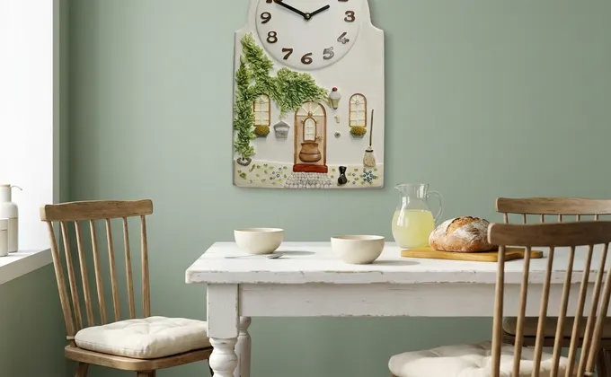 Coin repas de style cottage avec table en bois blanc patiné et accessoires artisanaux.