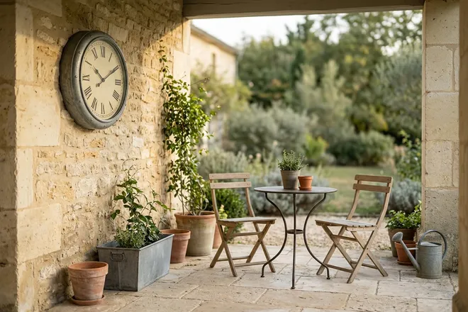 Une horloge dans un intérieur de style jardin et terrasse
