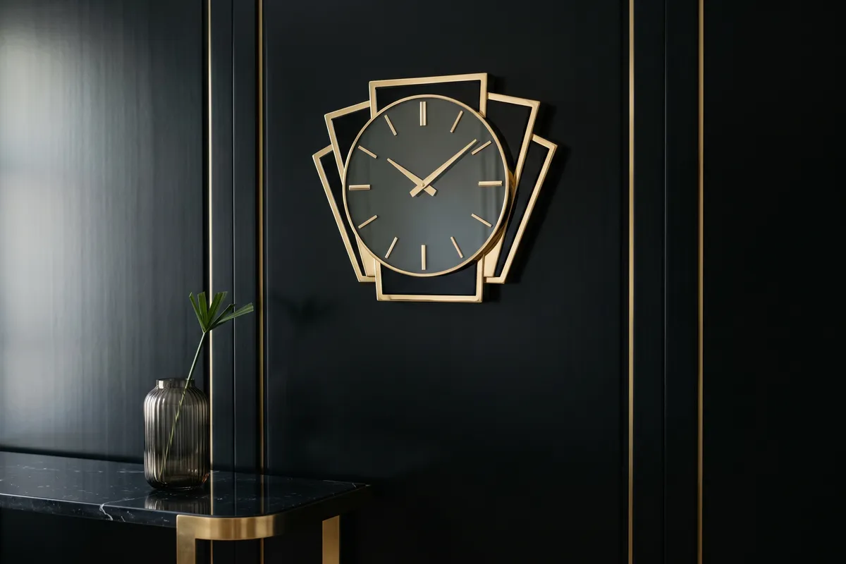 Art déco, laiton poli, géométrie, noir laqué